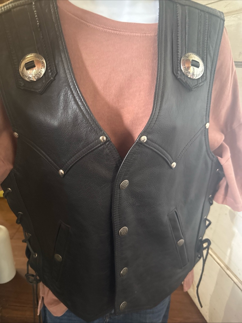 Vintage Harley Davidson Men's Black Leather Studded Concho Vest, size SMALL